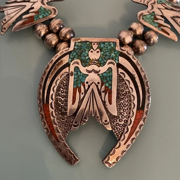 Silver Handmade Vintage Squash Blossom Necklace, Bracelet, Ring - Picture 4 of 16